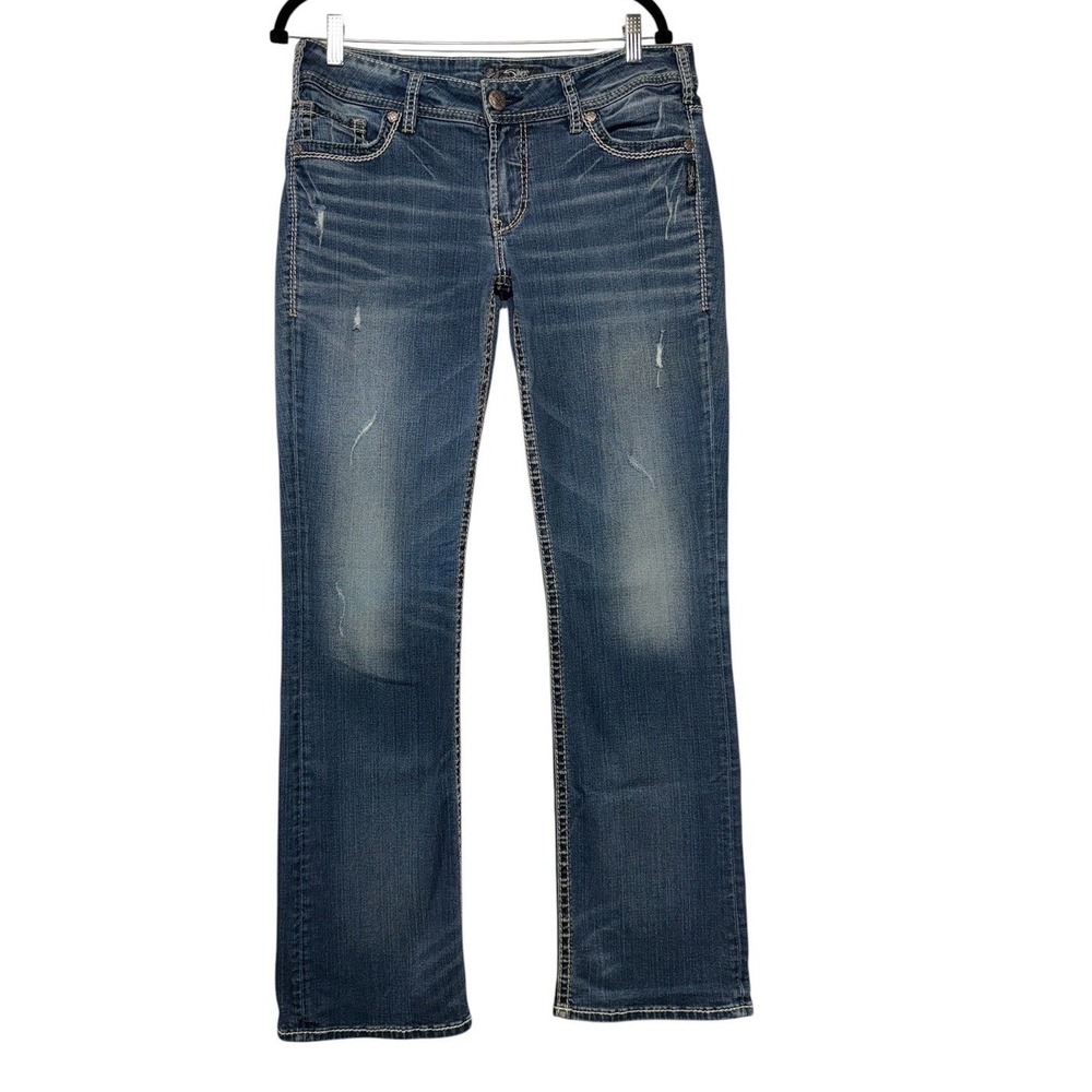 Silver Jeans Co Suki Mid Slim Boot Blue Distressed Denim W32 L32 L93616SAI372